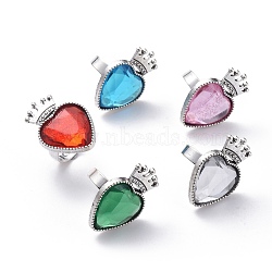 Adjustable Imitation Taiwan Acrylic Rhinestone Finger Rings, with Iron Finger Ring Components and Alloy Cabochon Bezel Settings, Heart & Crown, Mixed Color, Size 7, 17mm(Adjustable)(X-RJEW-JR00282-M)