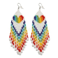 Boho Rainbow Color Seed Bead Heart Tassel Earrings, Iron Dangle Earring for Women, WhiteSmoke, 125x35mm(EJEW-Q380-01A)