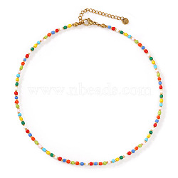 Summer Colorful Glass Seed Beaded Necklaces for Women, Real 14K Gold Plated, 15.75 inch(40cm)(OL9548-2)