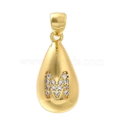 Rack Plating Brass Micro Pave Cubic Zirconia Pendants, Long-Lasting Plated, Lead Free & Cadmium Free,Real 18K Gold Plated, Teardrop with Letter Charms, Letter M, 21x11mm, Hole: 5x3mm(KK-L226-102G-M)