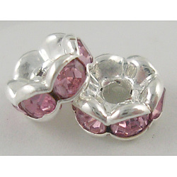 Rhinestone Spacer Beads, Grade A, Pink, Silver Color Plated, Nickel Free, Size: about 8mm in diameter, 3.8mm thick, hole: 1.5mm(X-RSB030NF-07)