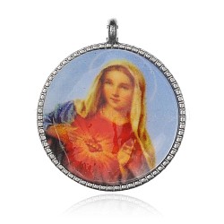 Virgin Mary Pattern Flat Round Alloy Pendants, Platinum, Tomato, 35x30x2mm, Hole: 2mm(PALLOY-F061-01P)