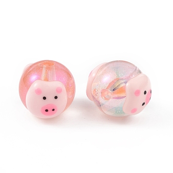 UV Plating Rainbow Iridescent Acrylic Enamel Beads, Round with Pig Pattern, Pink, 16x18mm, Hole: 3mm