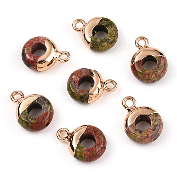 Natural Unakite Flat Round/Donut Charms, with Rack Plating Golden Tone Brass Loops, 14x10mm