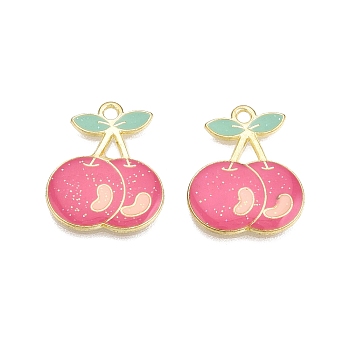 Light Gold Plated Alloy Enamel Pendants, Cadmium Free & Lead Free, with Glitter Powder, Cherry Charms, Hot Pink, 21x17x2mm, Hole: 1.8mm