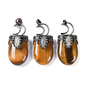 Natural Tiger Eye Pendants, Moon Charms, with Rack Plating Anstique Silver Plated Brass Findings, Lead Free & Cadmium Free, 43.5~45x20~22x14.5~15.5mm, Hole: 6.5x5mm