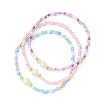 3Pcs 3 Color Natural Pearl & Seed Beaded Stretch Bracelets Set, Mixed Color, Inner Diameter: 2-1/8 inch(5.3cm), 1Pc/color