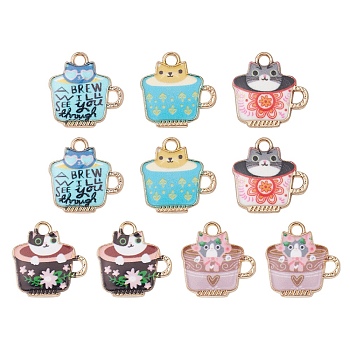 10Pcs 5 Colors Rack Plating Alloy Enamel Charms, Cup with Cat, Mixed Color, 15x15x1.9mm, Hole: 1.8mm, 2pcs/style