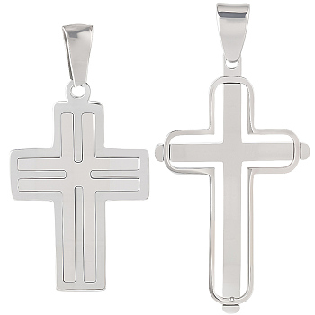 2Pcs 2 Styles 304 Stainless Steel Pendants, Cross Charms, Stainless Steel Color, 28~43.5x18.5~25.5x2.5~3mm, Hole: 4~5.8x3.~6.7mm, 1pc/style