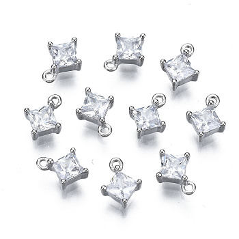 Long-Lasting Plated 925 Sterling Silver Cubic Zirconia Charms, Nickel Free, Rhombus, Real Platinum Plated, 6.5x5x2.5mm, Hole: 0.8mm