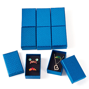 Rectangle Cardboard Paper Jewelry Box, Rhombus Print Jewelry Case with Sponge Inside, for Earring Packaging, Marine Blue, 8.1x5.1x2.6cm