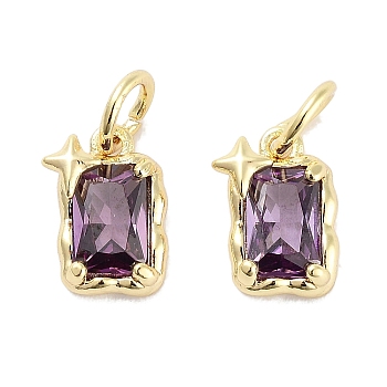 Brass Micro Pave Cubic Zirconia Charms, with Jump Ring, Rectangle with Star, Real 18K Gold Plated, Purple, 9.5x6x3mm, Hole: 3mm