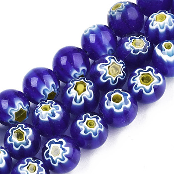 Handmade Millefiori Glass Beads Strands, Round with Flower Pattern, Blue, 10mm, Hole: 1.2mm, about 36~38pcs/strand, 13.78 inch~14.88 inch(35cm~37.8cm)