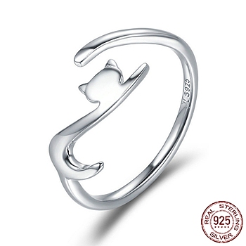 Rhodium Plated 925 Sterling Silver Cuff Finger Rings, Adjustable,  Cat, with 925 Stamp, Real Platinum Plated, 2mm