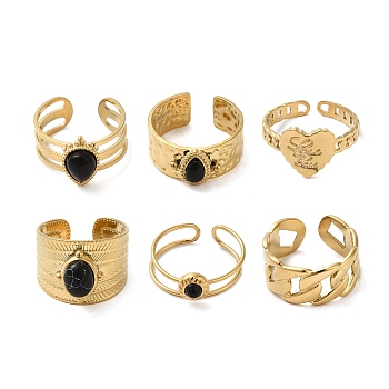 6Pcs 6 Style Crown & Teardrop & Heart 304 Stainless Steel Open Cuff Rings Set, Natural Obsidian Stackable Rings, Real 18K Gold Plated, Inner Diameter: 16.7~18mm, 1Pc/style