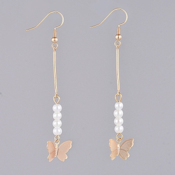 Dangle Earrings, with Glass Pearl Beads, Iron Bar Links, Brass Charms and Earring Hooks, Butterfly, Golden, 70mm, Pin: 0.6mm