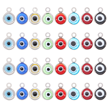 SUPERFINDINGS Handmade Lampwork Charms, with 304 Stainless Steel Findings, Flat Round with Evil Eye, Mixed Color, 9.5x6.5x2.5mm, Hole: 1.5mm, 8 colors, 8pcs/color, 64pcs