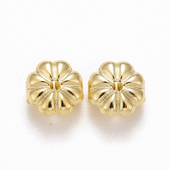 Rack Plating Brass Friction Ear Nut, Cadmium Free & Lead Free, Flower, Real 14K Gold Plated, 6x6x3.5mm, Hole: 1mm