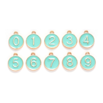 Light Gold Plated Alloy Enamel Charms, Enamelled Sequins, Flat Round with Number, Number 0~9, Turquoise, 14.5x12x2.5mm, Hole: 1.4mm, 10pcs/set