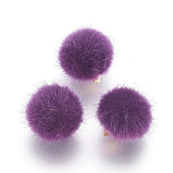 Handmade Plush Cloth Fabric Covered, with CCB Plastic Findings, Round, Golden, Purple, 17x15mm, Hole: 1.5mm