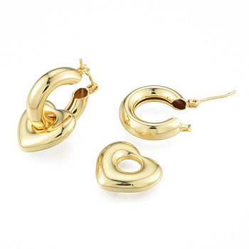 Brass Heart Dangle Hoop Earrings for Women, Nickel Free, Golden, 30mm, Pin: 0.8mm