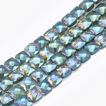 Electroplate Glass Beads Strands, Faceted, Square, Light Sea Green, 6.5x6.5x4mm, Hole: 1mm, about 100pcs/strand, 25.1 inch