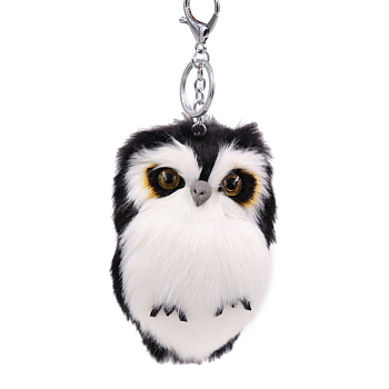 Imitation Rabbit Fur Owl Pendant Keychain, with Random Color Eyes, Cute Animal Plush Keychain, for Key Bag Car Pendant Decoration, Black, 15x8cm