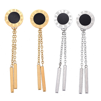 304 Stainless Steel Chain Tassel Earrings, with Ear Nuts and Resin, Flat Round with Roman Numerals, Black, Mixed Color, 47mm, Pin: 0.7mm