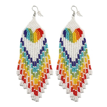 Boho Rainbow Color Seed Bead Heart Tassel Earrings, Iron Dangle Earring for Women, WhiteSmoke, 125x35mm