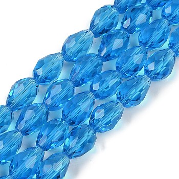 Transparent Glass Beads Strands, Faceted, Teardrop, Deep Sky Blue, 11.5x8mm, Hole: 1.2mm, about 55~57pcs/strand, 25.59 inch(65cm)