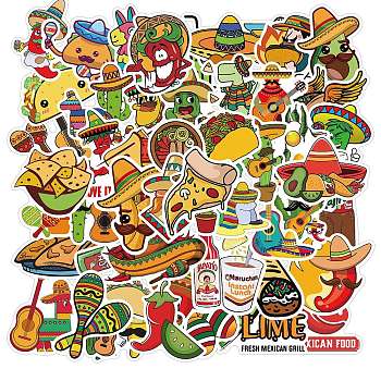 Cinco de Mayo PVC Adhesive Stickers, Cactus Sombrero Decals, for Suitcase, Skateboard, Refrigerator, Helmet, Mobile Phone Shell, Food, Mixed Color, 30~60mm, 50pcs/set