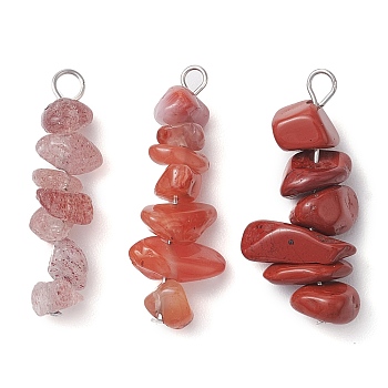 Gradient Color Natural Rhodonite & Natural Red Jasper & Natural Strawberry Quartz Chip Beaded Pendants, with 304 Stainless Steel Loops, Stainless Steel Color, 28~34x7~10x7~10mm, Hole: 2x3mm, 3pcs/set