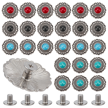 WADORN 24 Sets 4 Colors Zinc Alloy Buttons, with Synthetic Turquoise and Iron Screws, for Purse, Bags, Leather Crafts Decoration, Flower, Mixed Color, 24~24.5x8.5mm, Hole: 2.5mm, 6 sets/color