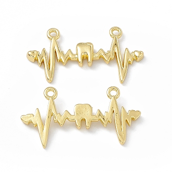 Rack Plating Brass Connector Charms, Electrocardiogram Links, Long-Lasting Plated, Lead Free & Cadmium Free, Real 18K Gold Plated, 14x25x2mm, Hole: 1.2mm
