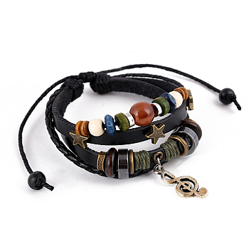Leater Braided Multi-strand Bracelet with Alloy Musical Note Charms, Natural Mixed Gemstone Beaded Bracelet for Men Women, Black, 6-3/4 inch(17cm)
