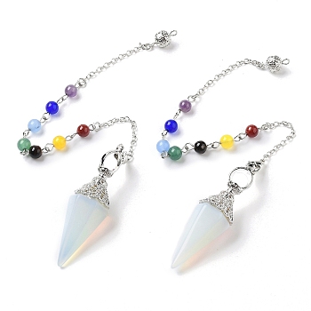 Opalite Hexagonal Pointed Dowsing Pendulums, with Chakra Mixed Stone and Alloy Findings, Cone/Spike, Platinum, 266mm, Hole: 1.6mm