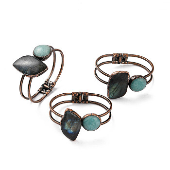 Natural Amazonite & Labradorite Hinged Bangles, Leaf & Flat Round Brass Bangles for Women, Red Copper, Inner Diameter: 2-3/8 inch(6.1cm), 14mm