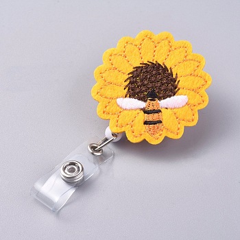 Cloth Retractable Badge Reel, Card Holders, with Alligator Clip, Sunflower with Bees, Yellow, 94mm, Sunflower: 49x49x25mm