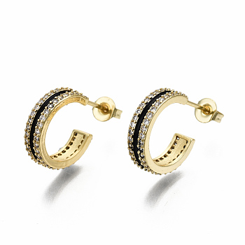 Semicircular Brass Micro Pave Clear Cubic Zirconia Half Hoop Earrings, Stud Earrings, with Enamel and Ear Nuts, Nickel Free, Real 16K Gold Plated, Black, 14.5x4mm, Pin: 0.8mm