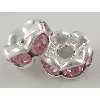 Rhinestone Spacer Beads, Grade A, Pink, Silver Color Plated, Nickel Free, Size: about 8mm in diameter, 3.8mm thick, hole: 1.5mm