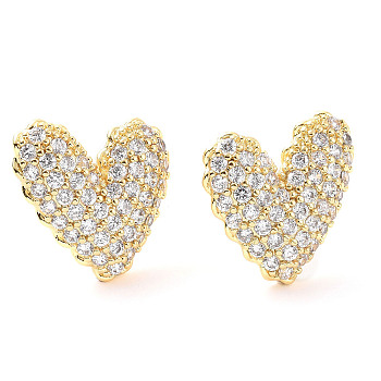 Clear Cubic Zirconia Heart Stud Earrings, Brass Jewelry for Valentine's Day, Real 18K Gold Plated, 18x18.5mm, Pin: 0.6mm