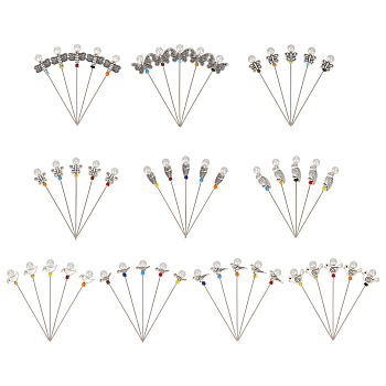 50Pcs 10 Style Garden Theme Iron Head Pins, Straight Pins with Acrylic Imitation Pearl & Alloy Dragonfly/Butterfly/Bird, Dressmaker Pins, Sewing Pin for DIY Sewing Crafts, Antique Silver, 65mm, Pin: 0.6mm, 5pcs/style