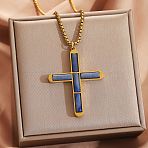 304 Stainless Steel with Dyed Natural Blue Agate Religion Cross Pendant Necklaces, Golden, 21.65 inch(55cm)(FS-WG3F108-04)