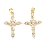 Brass Micro Pave Clear Cubic Zirconia Pendants, Cross Charms, Real 18K Gold Plated, 25x17x3mm, Hole: 5x3mm(CU-CBA9AB3-16G)