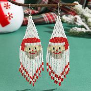 Christmas Santa Claus Tassel Earrings, Handmade Glass Beads Dangle Earrings, White, 120x30mm(EQ1806)