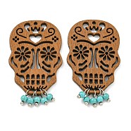 Laser Cut Poplar Wood Pendants Skull Charms with Dyed Synthetic Turquoise, Peru, 46x26.5x2mm, Hole: 1.4mm(FIND-G073-05)