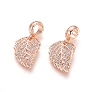 Brass Micro Pave Cubic Zirconia European Dangle Charms, Large Hole Pendants, Leaf, Clear, Rose Gold, 26mm, Leaf: 17x12.5x1.5mm, Hole: 5mm(ZIRC-E163-17RG)