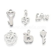 Non-Tarnish 201 Stainless Steel Charms, Laser Cut, Mixed Shapes, Stainless Steel Color, 6.5~16x8~13x0.5~1mm, Hole: 0.8~1.6mm, 6 patterns, 1 pattern/200pcs(STAS-R118-03)