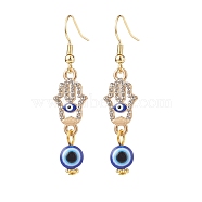 Crystal Rhinestone Dangle Earrings with Enamel Evil Eye, Brass Drop Earrings with Resin Beaded for Women, Golden, Hamsa Hand Pattern, 51.5mm, Pin: 0.7mm(EJEW-JE05012-03)