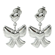 304 Stainless Steel Dangle Stud Earrings, Bowknot with Heart, Stainless Steel Color, 21x14.5mm(EJEW-Z038-08P)